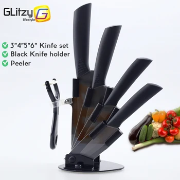 

Ceramic Knife Chef Fruit Zirconia Kitchen Knife 3" 4" 5" 6" inch + Holder + Peeler Set Black Blade Colorful Handle Cooking Tool