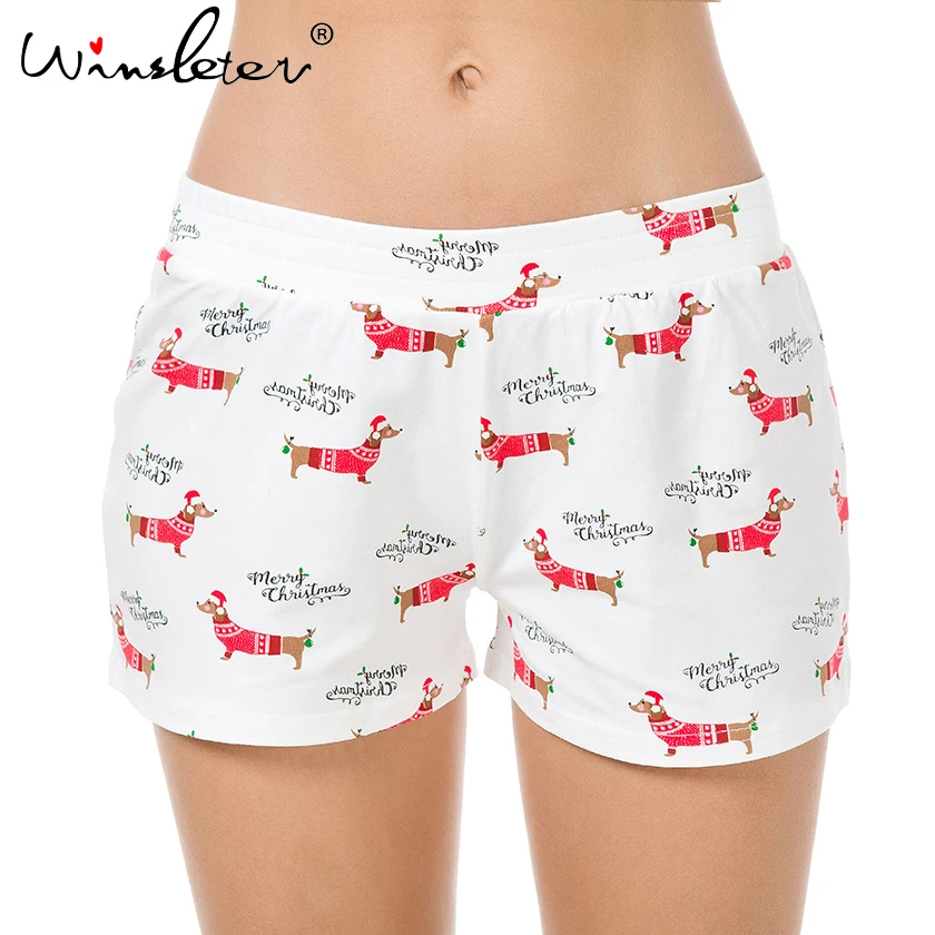 Women Christmas pajama sets dachshund with santa hat dog print 2 pieces set crop top + shorts elastic waist loose pyjamas S7N001