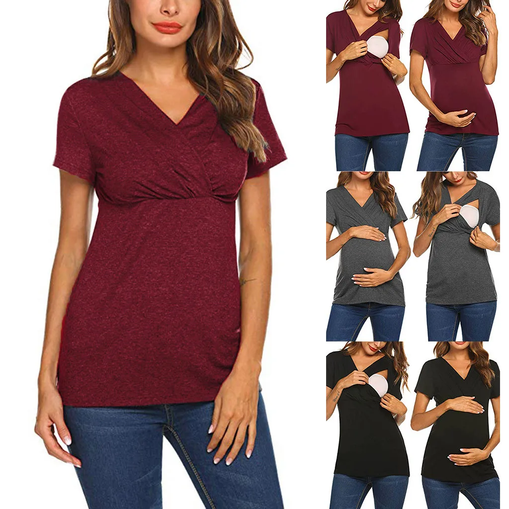 

ISHOWTIENDA Women Pregnant Maternity Nursing Stripe Breastfeeding Top T-Shirt Blouse Ropa Embarazada Verano