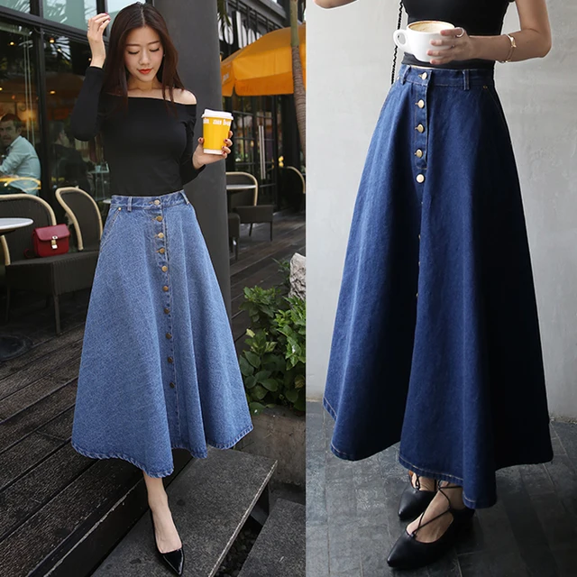 2016 Spring Summer Women High Waist Long Maxi Denim Skirts For Women ...