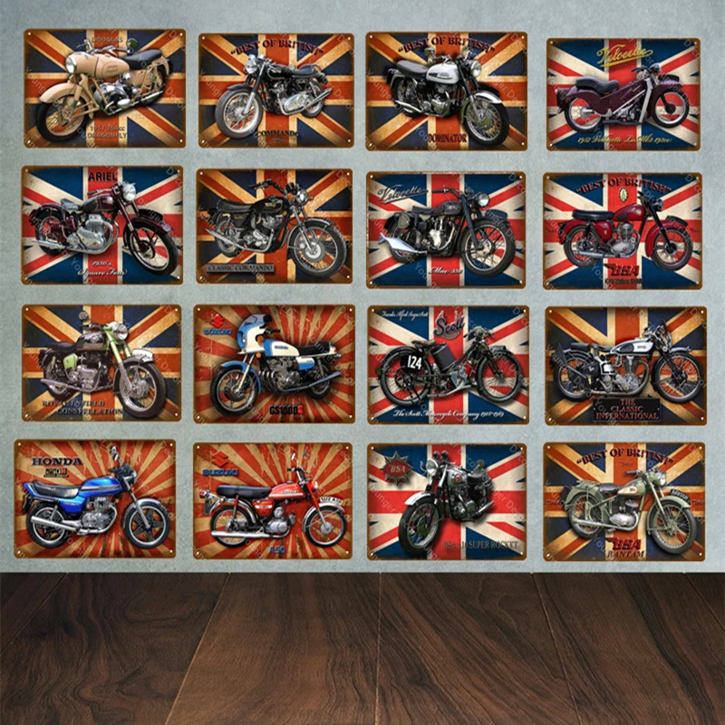 

Classic British Motorcycles BSA Norton Suzuki Velocette Douglas Ariel Metal Plate Tin Signs Wall Art Poster Vintage Garage Decor