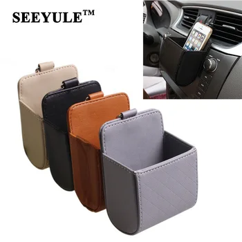 

1pc SEEYULE High Quality PU Leather Car Air Vent Storage Box with Hook Phone Stuff Holder Durable Practical Stowing Bag