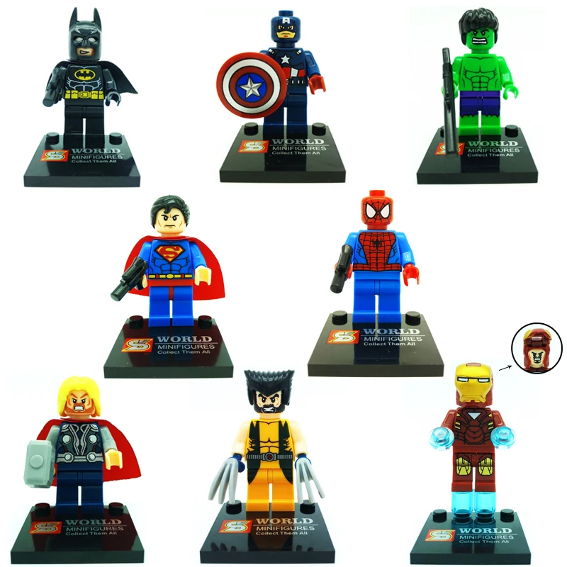 

8pcs/lot Marvel super heroes Avengers Batman Captain America minifigures building blocks toys for children compatible with lego