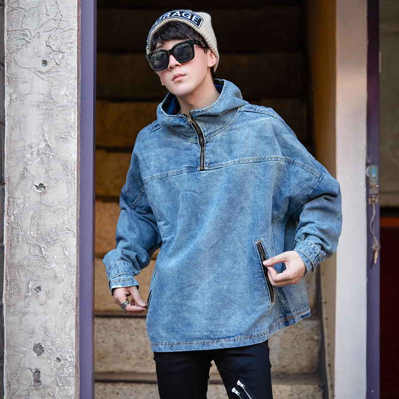 

2018 Korean version of the autumn personality retro loose headband denim hoodies men handsome hip-hop denim hoodies