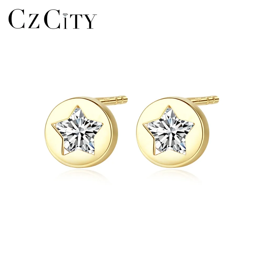 CZCITY Genuine 14K Gold Small Stud Earrings for Women Cute Star Cubic