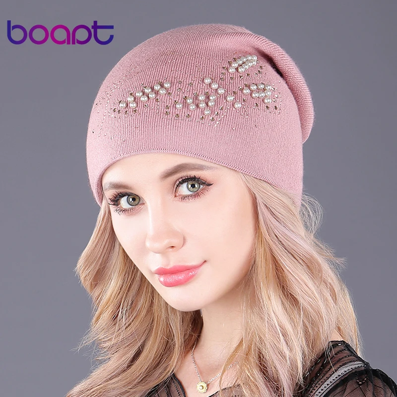 

[boapt] pearl butterfly beanie double-deck cashmere knitted caps for women hats warm winter hat fashion female skullies beanies