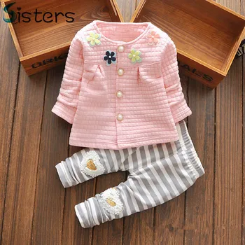 

2017 New Baby Clothes Girls Flower Suit Cardigan + Pants 2pcs / set infant jacket Kids clothes Striped Pants free shipping