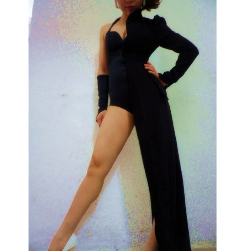 Women Sexy Club Half Coat Mantle B_Eyonce Style,black Half Long Coat Cloak With Bodysuit Sleeve Female Dj Costumes Dress Smock