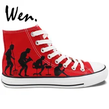 Вэнь красная ручная роспись обувь дизайн пользовательский человеческий Evolution высокие парусиновые кроссовки унисекс Спортивная обувь для скейтбординга плимсоллы