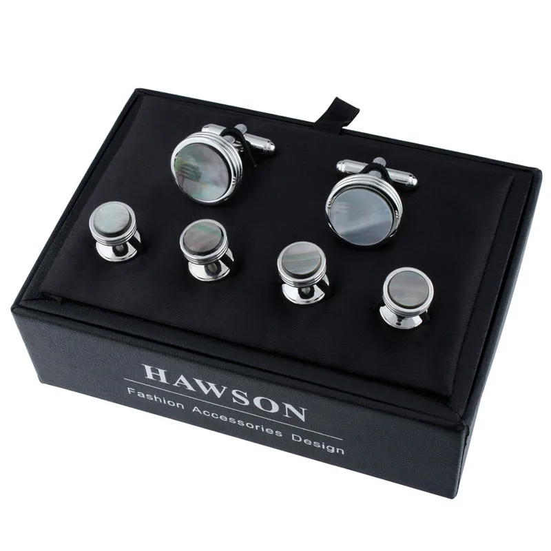 Tuxedo Shirt Cufflinks Studs Set Grey Shell Cuff links For Mens Accessories with Box
