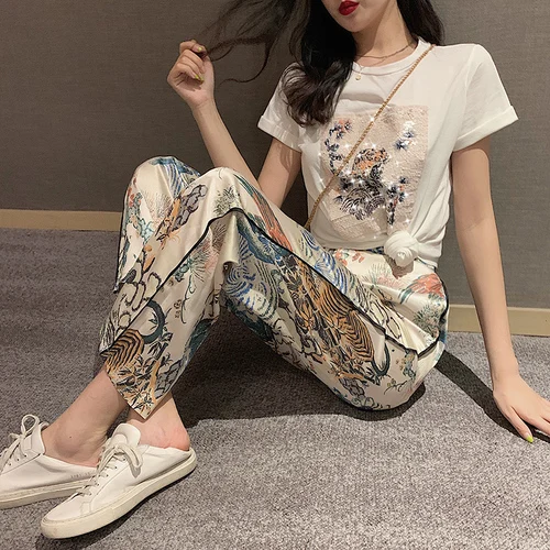 

Casual Women Sets Clothes Tiger Sequined Short Sleeves Tops Elastic Waist Full Length Pants Fashion 2 Piece Set Women Brief