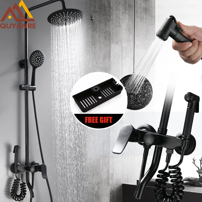 quyanre wanfan gappo black shower faucet kit with commodity shelf bidet swivel tub spout 3-way mixer tap bath shower faucet6