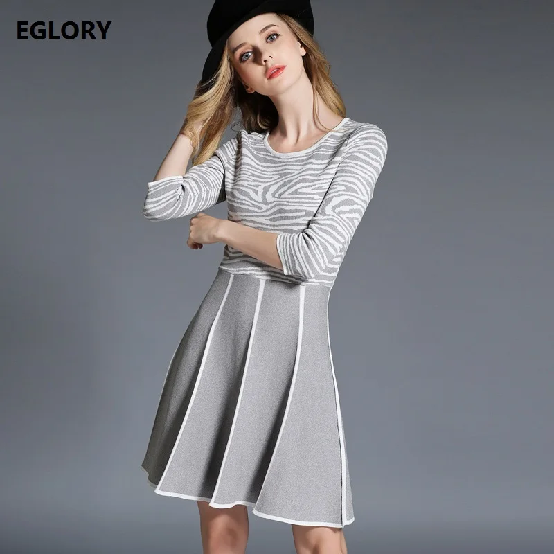 

2019 Spring and Autumn Fashion Dress Sweater Women Zebra Leopard Knitted Patchwork 3/4 Sleeve Fitted Big Swing Dress Knitwear