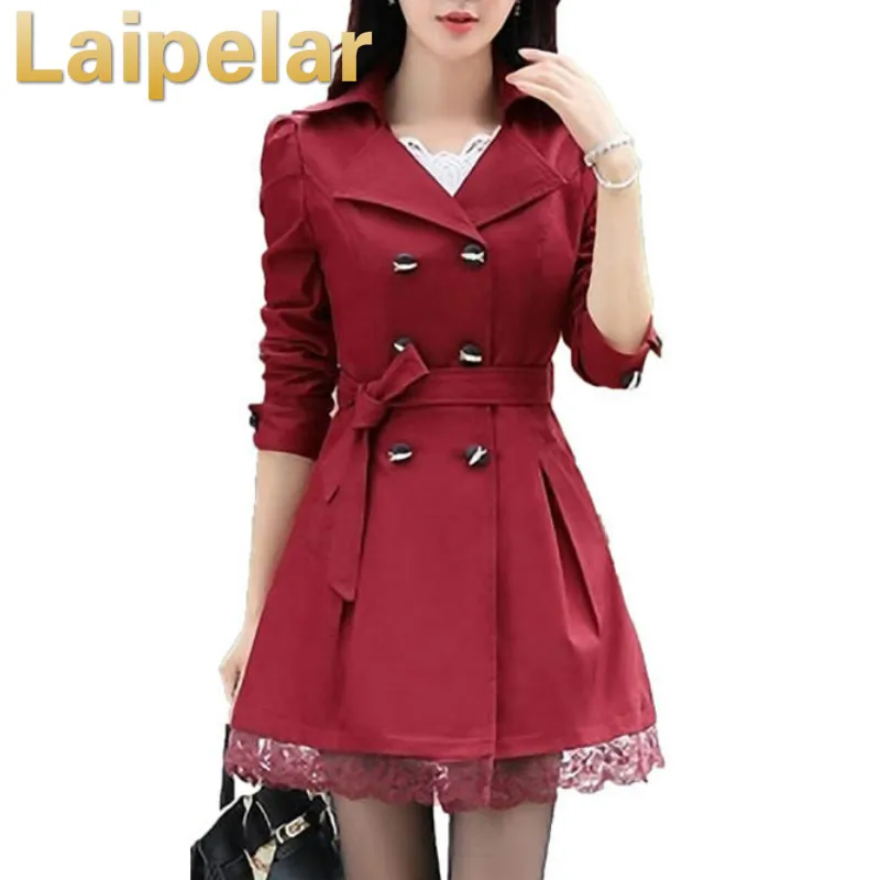 

New Trench Coat Women Slim Double-Breasted Trenchcoat Lace Especially Female Casual Windbreaker Outwear Plus Size Raincoat
