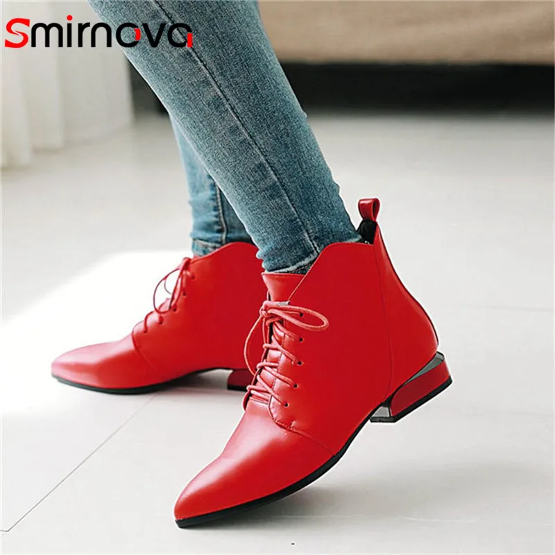 

Smirnova TOP 2020 autumn winter low heel woman boots casual pointed toe ankle boots fashion big size 33-43 lace up boots ladies