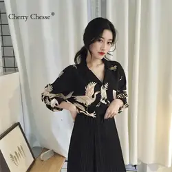 Cherry Chesse Harajuku кран блузка печати кнопка карман базовые Топы Для женщин осень Винтаж блузка