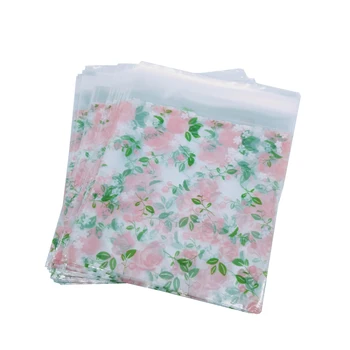

100pcs/lot 10X10cm Beautiful Pink Rose Cookie packaging candy color self-adhesive plastic bags for biscuits snack baking package