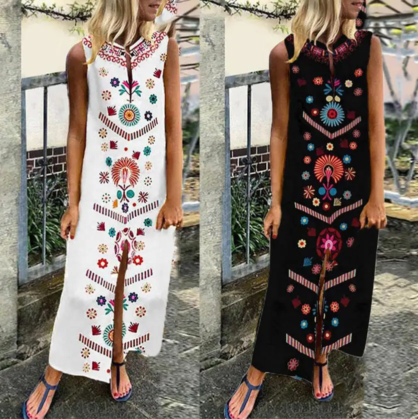Women 2019 Loose Vintage Vest Tank Ruffles Chiffon Befree Dress Large Big Summer Printed Tassel Maxi Beach Dresses Plus Sizes
