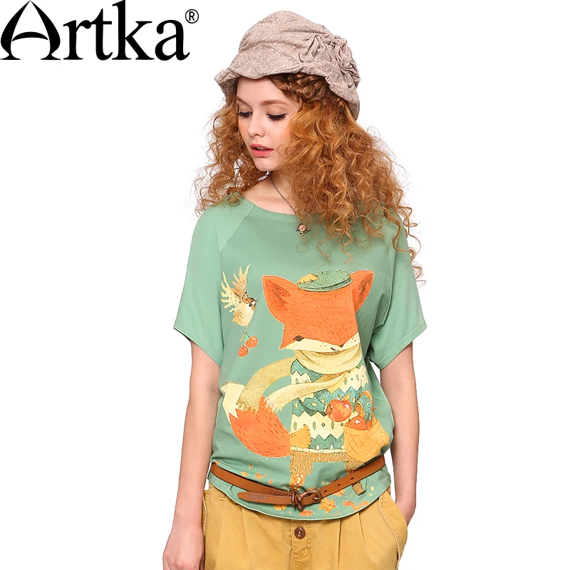 

ARTKA Summer New Fox Colored Printed Skin-friendly Pale of Green O-Neck Cotton T-shirt TA10542X
