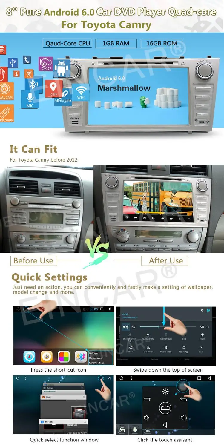 Sale Android6.0 OS 8" Car DVD Player Radio Stereo GPS Wifi for Toyota Camry 2007-2012 4