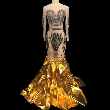 

Sparkly Rhinestones Gold Sequins Long Dress Big Trailing Evening Outfit Nightclub Stage Singer Dance Wear Women's Sexy Dresses