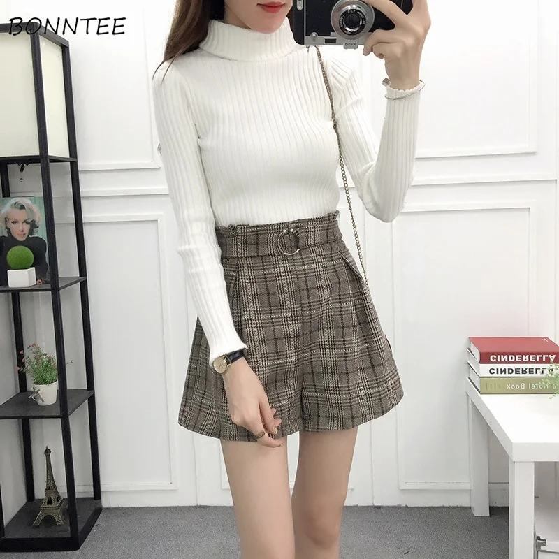

Shorts Women Female High Waist Wide Leg Loose Casual Outside Korean Version Retro Plaid Womens Elegant Sashes Autumn Winter 2019