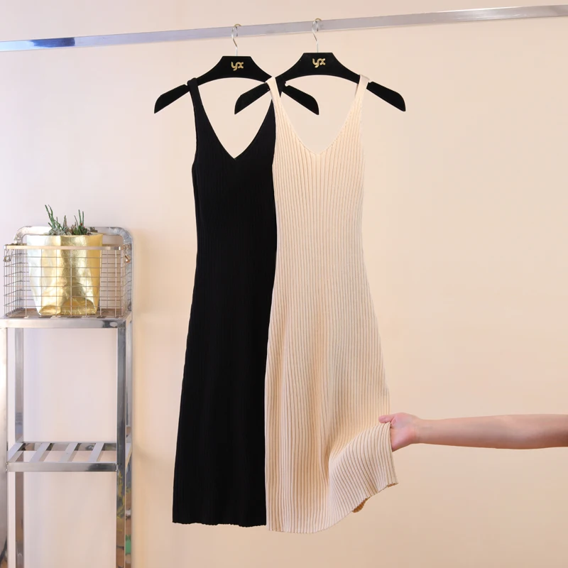 

Summer suspender knitted dress women's medium and long V-neck bottom simple and slim sweater A inside lap