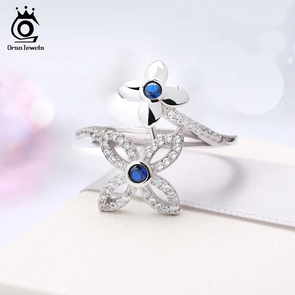 ORSA JEWELS Female's Rings Double Flowers Design AAA Blue Cubic Zirconia Fashion Ring Jewelry For Party OR45