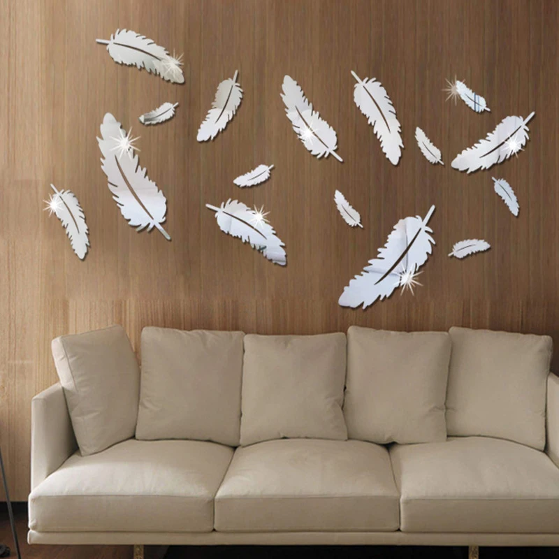 16pcs / lot3D Feathers DIY Wallpapers Mirror Wall Stickers Removable TV