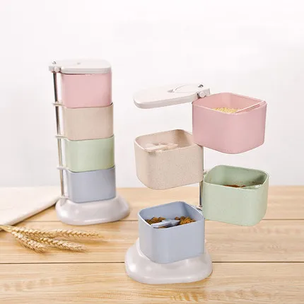 

BF040 Kitchen Wheat Straw Condiment Kit Tool Seasoning Box Spice Jar Have Spoon Seasoning Tank 26*14.5cm