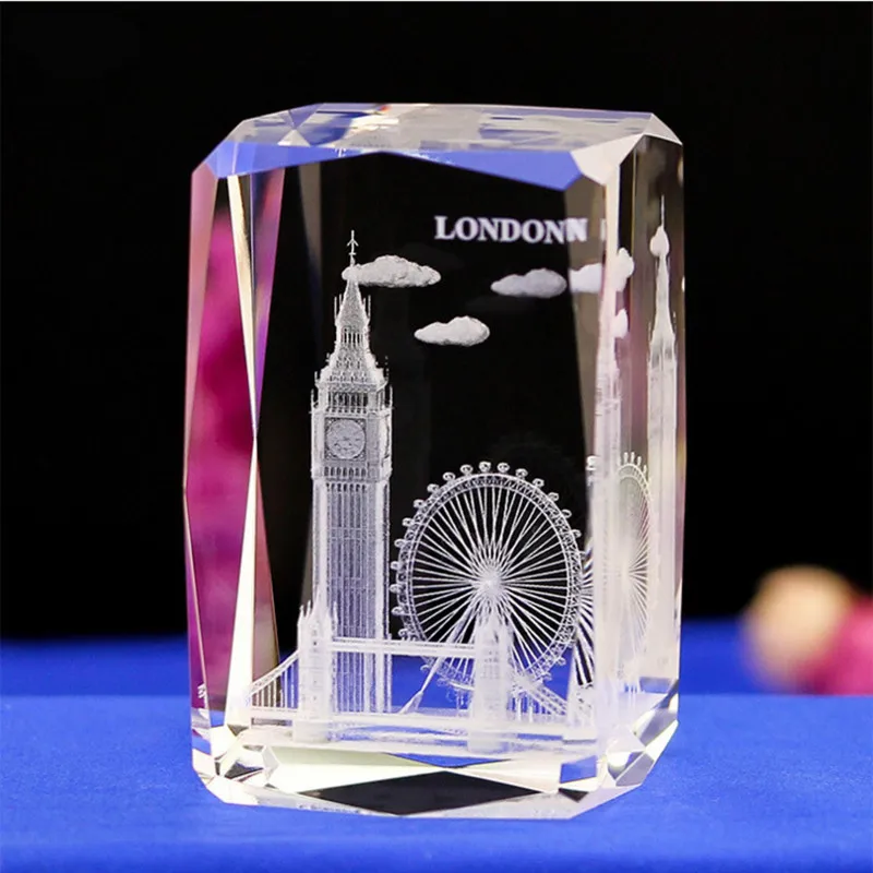 3D Laser Engraved Cube Crystal Glass London Model Paperweight Tower Bridge Eye Big Ben Figurines Feng
