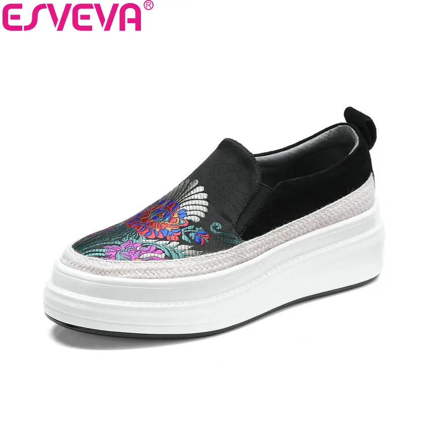 

ESVEVA 2018 Women Flats Embroidery Cloth Spring and Autumn Slip on Round Toe Loafers Flats Kid Suede PU Ladies Shoes Size 34-39