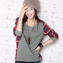 European Student Autumn And Winter New Pattern Easy Joint Lattice T-shirt Jacket Long Sleeve 1816