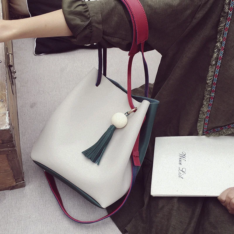 

Women's handbag color block tassel bucket shoulder bag vintage color block decoration large capacity 2019 autumn all-match
