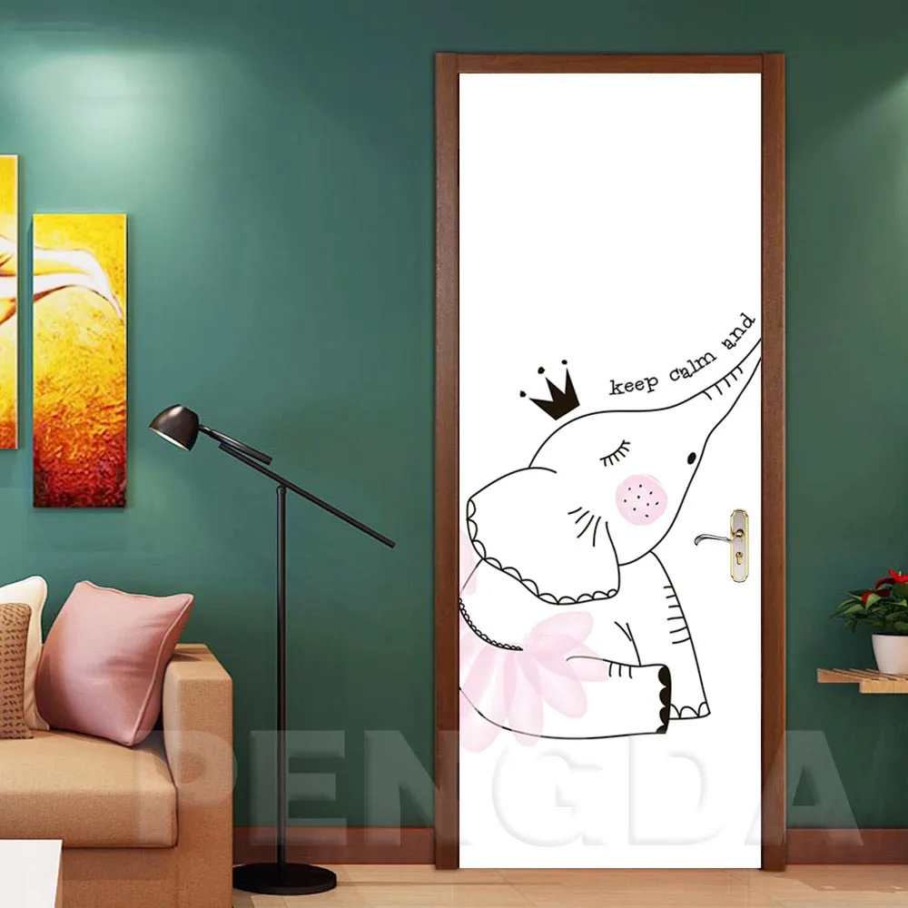 3d Door Sticker Printed Picture Self Adhesive Waterproof Cartoon Rabbit Elephant Wallpaper Home Decor Wall Art Kids Room Paste | Дом и сад