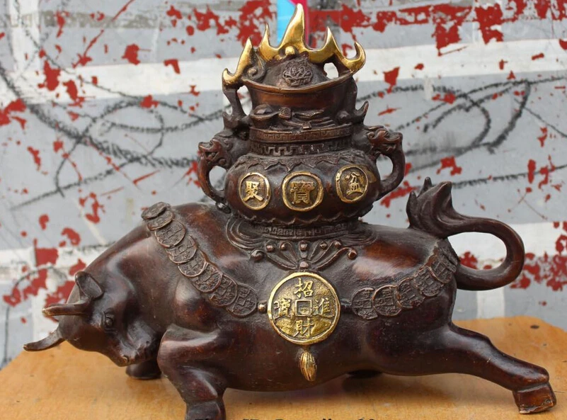 

bi001768 10" Chinese Copper gilding Zodiac Year Bull Ox Cattle treasure bowl Money Statue