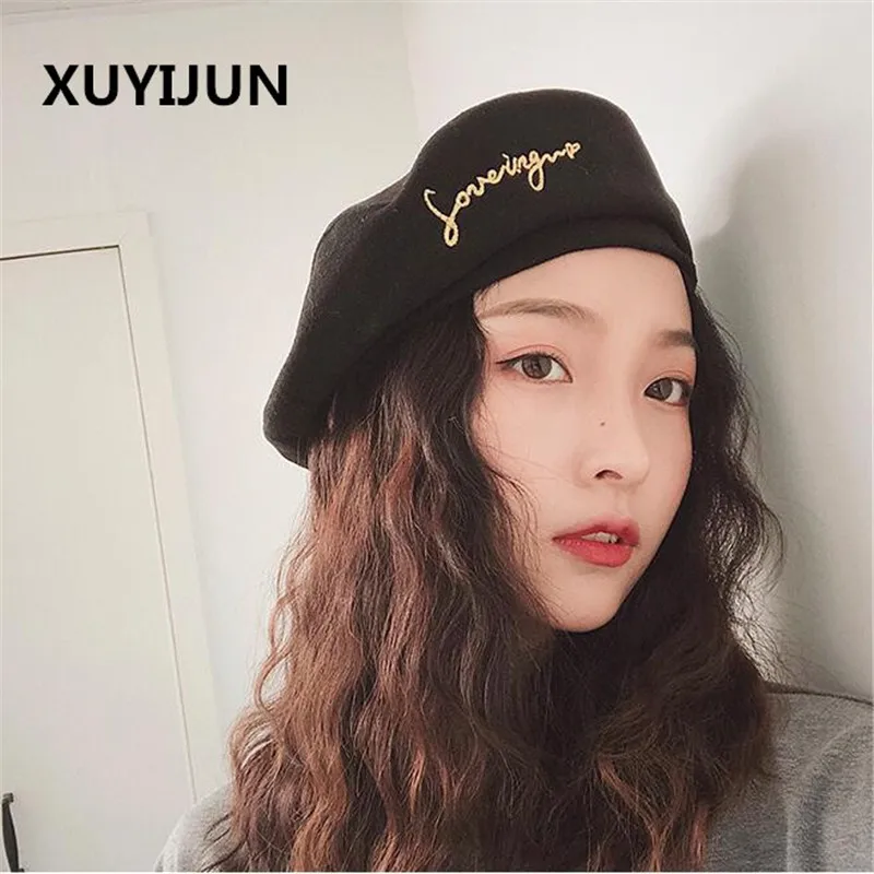 Xuyijun осенне-зимний винтажный черный милый берет с вышивкой буквами Женская кепка