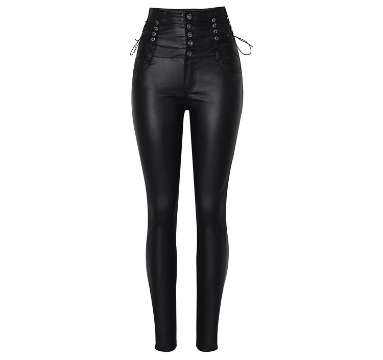 Для женщин сексуальный Искусственная кожа стрейч узкие брюки леди с черным покрытием сбоку на шнуровке с высокой талией узкие джинсы, брюки - Цвет: Черный