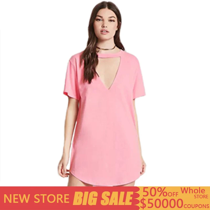 

Streetwear Short-Sleeve Color T-Shirt Dress Female Summer Stitching V-Neck Loose Top Short Tshirt Dress Vestidos Verano 2019