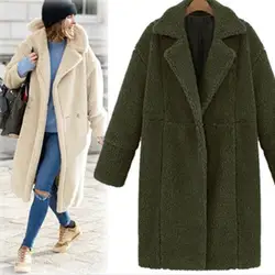 Женские зимние пальто, однотонная плюшевая куртка с длинными рукавами и отворотами, с карманами, длинная верхняя одежда, пальто, женская