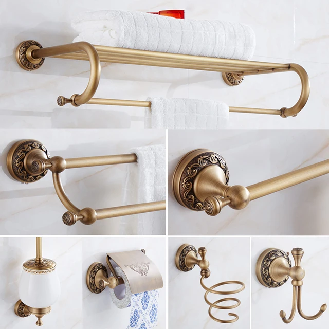 Antique Brass Carved Bathroom Accessories Bathroom Hardware Set Towel Shelf  Bar