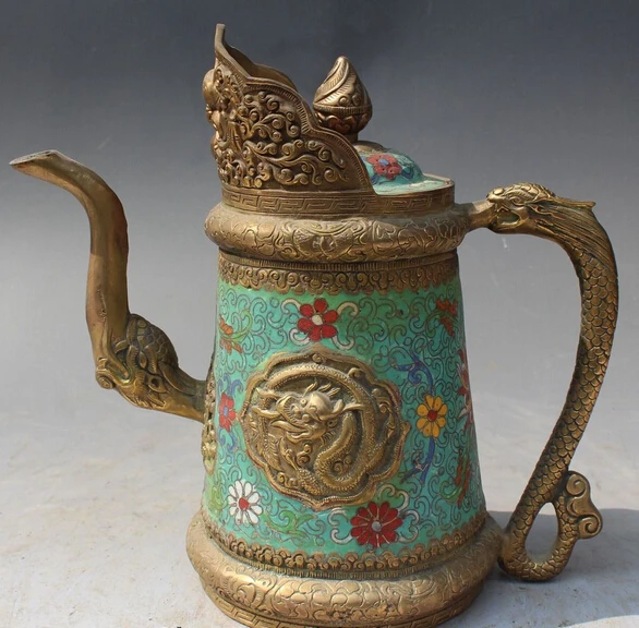 

xd 003429 10" Folk Chinese Cloisonne Enamel Bronze Gilt Dragon Wine Tea Pot Flagon Statue
