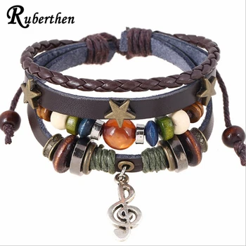 

Ruberthen Fashion Punk Design Leather Bracelet Luck Goddess Leather Rope Bracelet Music Note Charm Girl Bracelet
