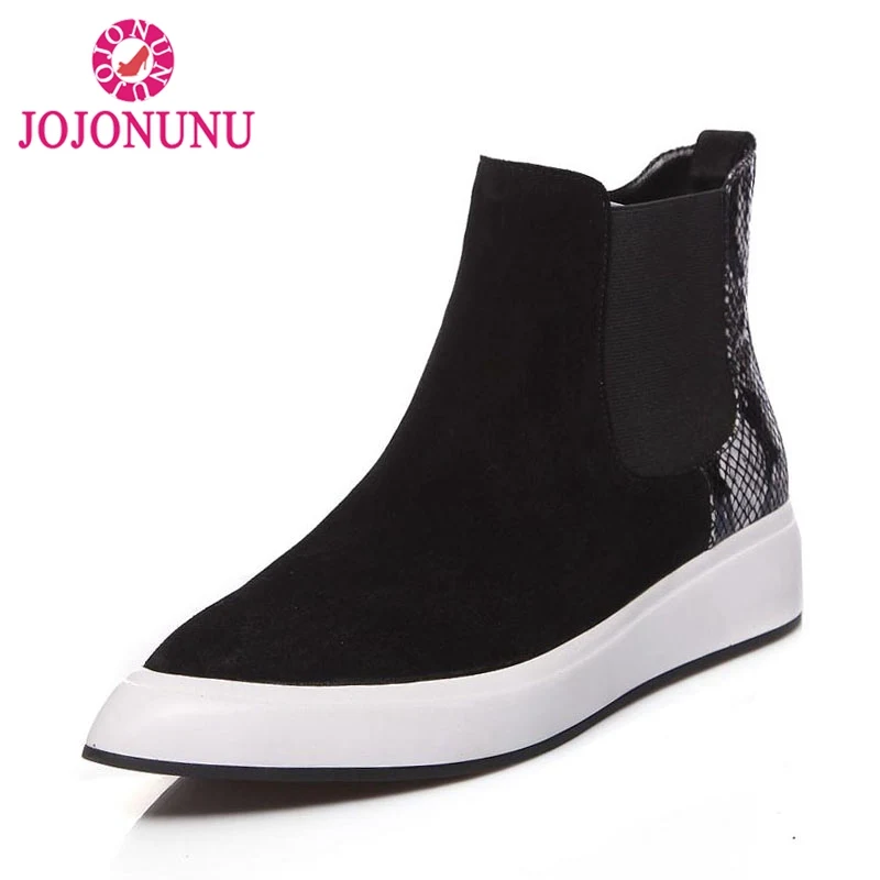 

JOJONUNU Women Fur Flats Boots Ral Leather Snakeskin Pattern Ankle Boots Zipper Pointed Toe Warm Winter Shoes Women Size 34-39