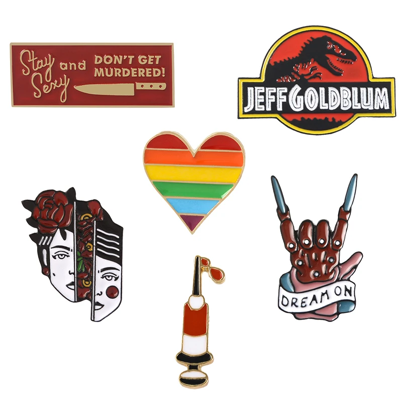 

Enamel Pins Rainbow Heart Evil Hand Murder Podcast Show Split women face Jurassic Dinosaur Syringe Brooch Metal Badge Lapel Pin