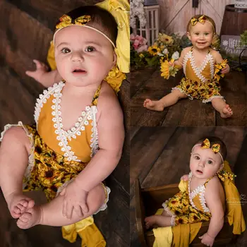 

Summer Infant Girls Lace Backless Bodysuit Outfit Clothes Halter Lace Vest Yellow Sun Flower Jumpsuit