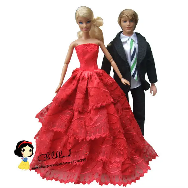 2sets = Lace dress for barbie doll red wedding dress + ken doll outfit clothes birthday gift set