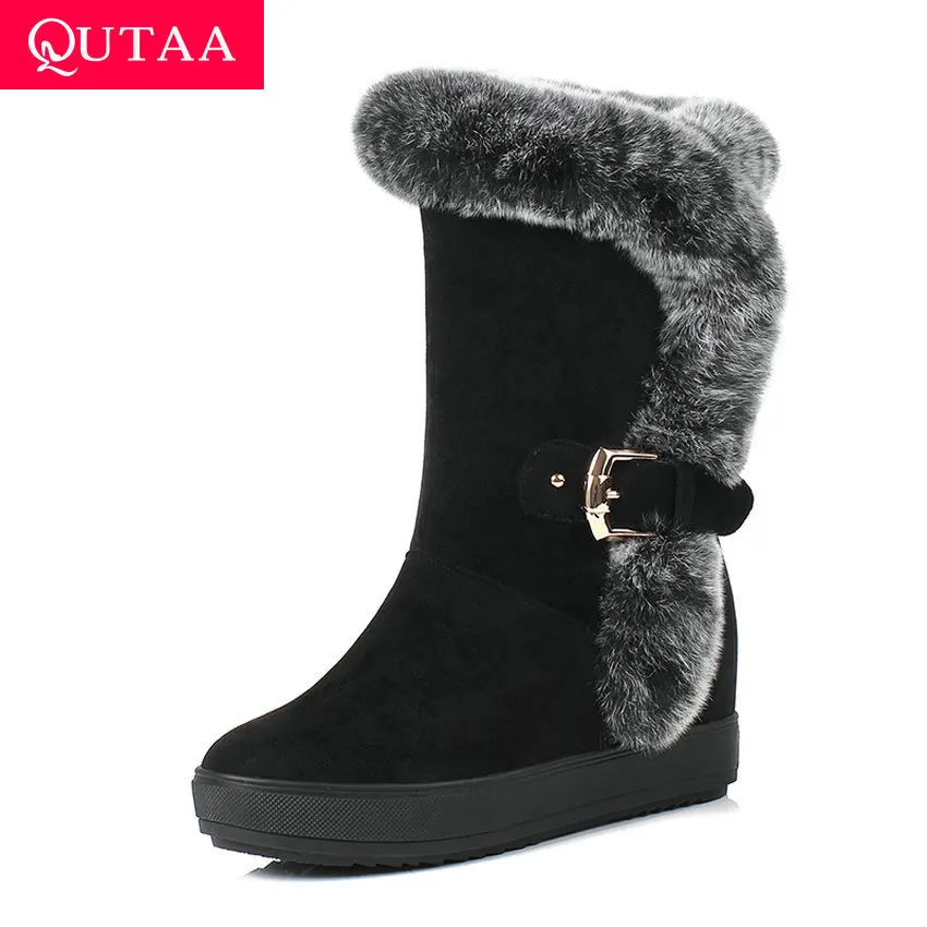 

QUTAA 2020 Snow Boots Platform Round Toe Fashion Buckle Short Plush Warm Fur Anti-skid Flat Casual Mid Calf Boots Size 34-40