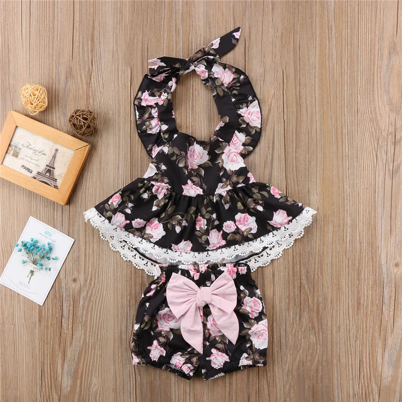 

2018 Fashion Vintage Summer Toddler Baby Kid Girls Halter Floral Casual Dress Blouse Tops Bowknot Pants Sunsuit Kids Outfits