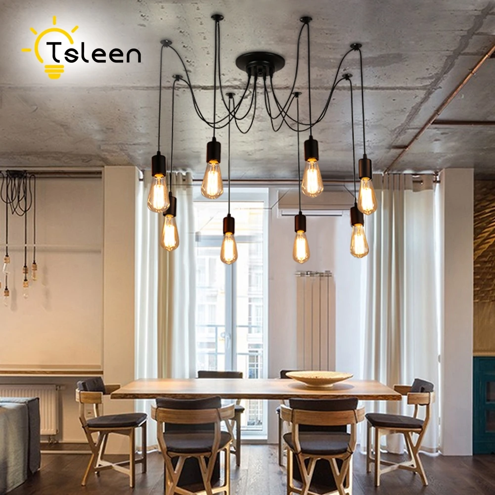 

TSLEEN Adjustable Pendant Light 8 10 12 Heads Loft Fixture Lighting +Cool Warm White Edison Bulbs Spider Pendant Lamp Chandelier
